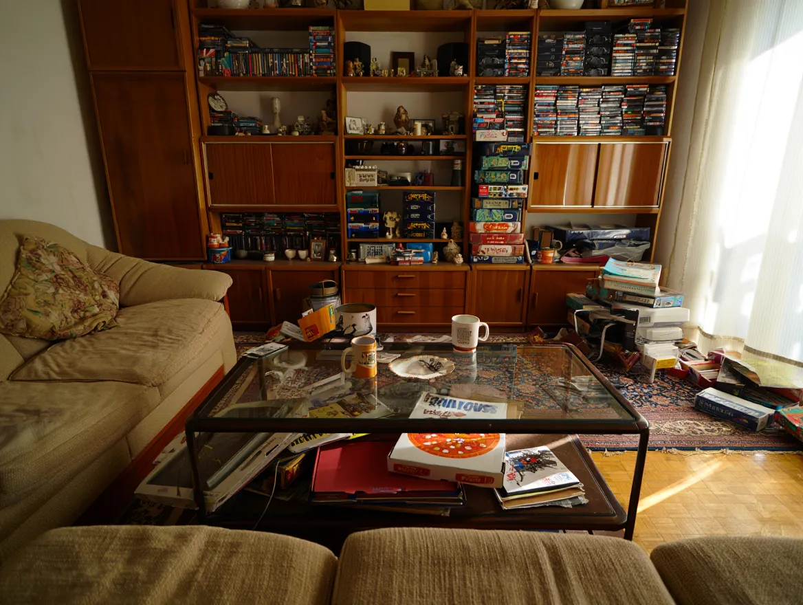 Living room before Nuvellira organization Cluttered living room with disorganized shelves