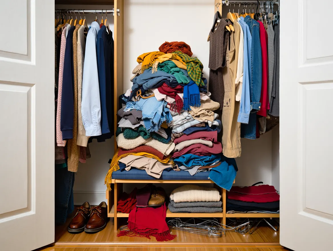 Wardrobe before Nuvellira organization Disorganized wardrobe closet with clothes piled