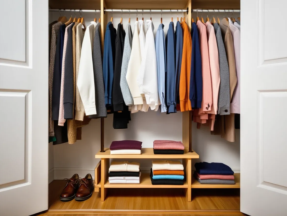 Wardrobe after Nuvellira organization Organized wardrobe with clothing categorized by type and color
