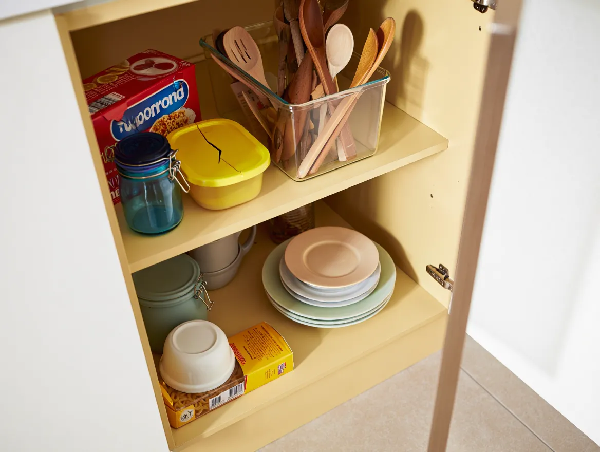 Kitchen cabinets before Nuvellira organization Disorganized kitchen cabinets with mismatched containers
