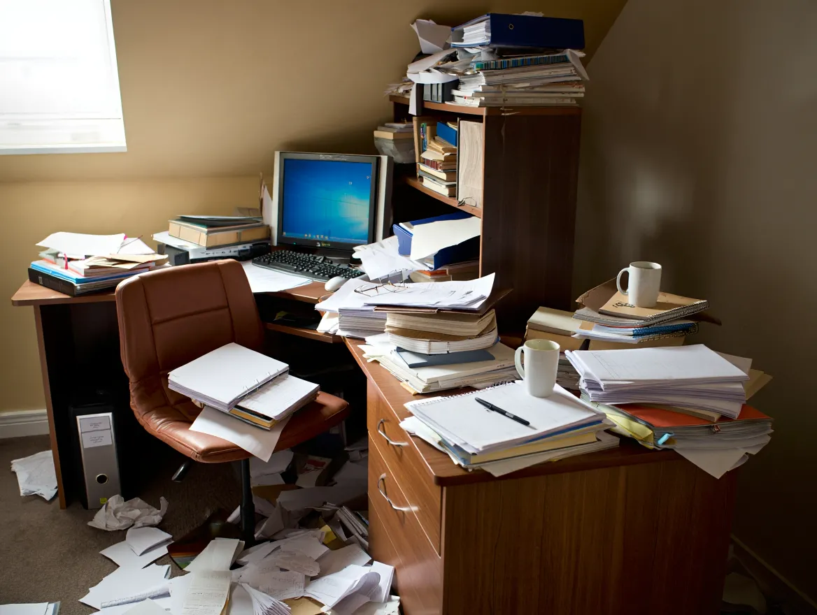 Home office before Nuvellira organization Cluttered home office with papers everywhere
