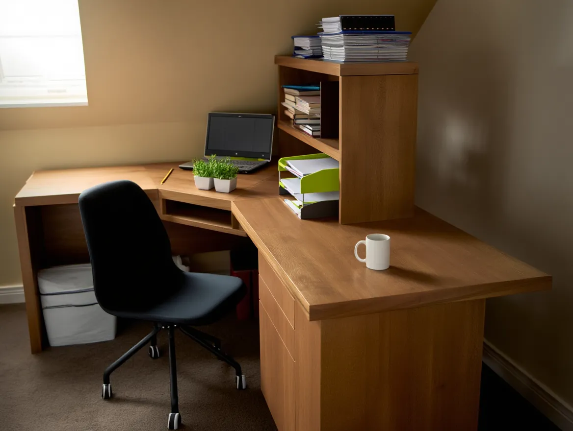 Home office after Nuvellira organization Organized home office with filing system