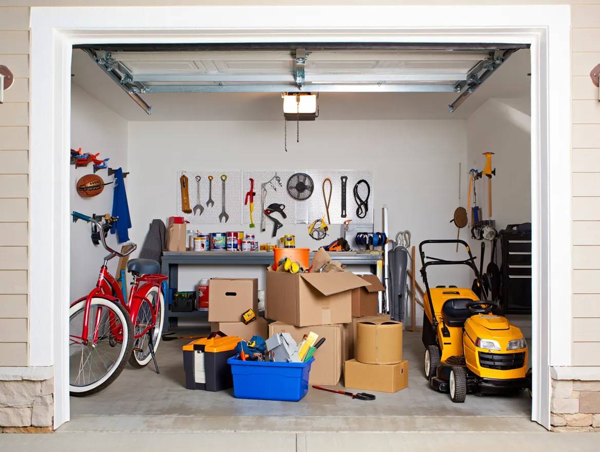 Garage before Nuvellira organization Cluttered garage with items scattered on floor